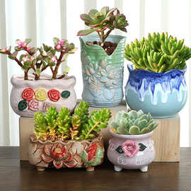 多肉花盆陶瓷肉肉植物粗陶透气多肉盆大号大口径清仓老桩手绘瓷盆