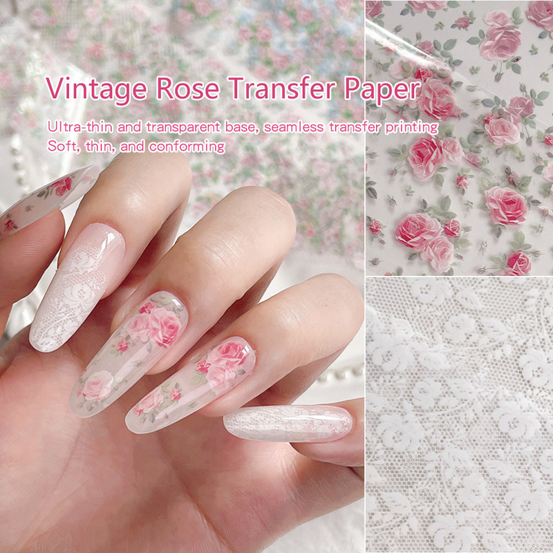 French vintage rose nail art transfer paper, 11 styles of ultra-thin polka dot lace oil painting rose flower nail decoration stickers French vintage rose nail art transfer paper, 11 styles of ultra-thin polka dot lace oil painting rose flower nail decoration stickers