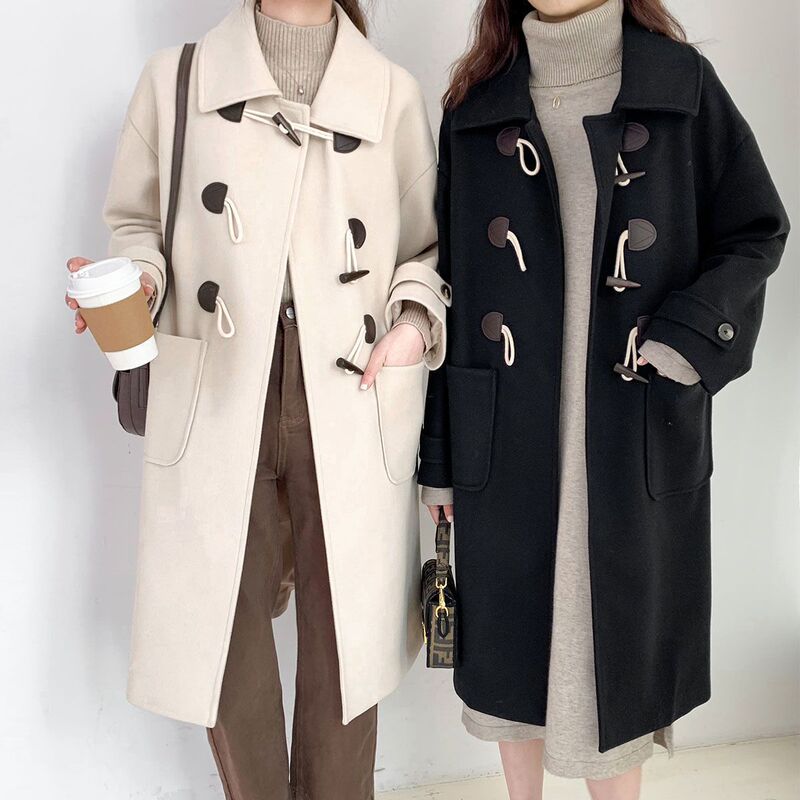 Thickened Dragon and Phoenix Woolen Coat with Horn Buttons for Women, Mid-Length Autumn and Winter Korean Style Preppy Style Thickeneded Woolen Coat