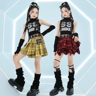 嘻哈舞蹈服演出服hiphop爵士舞服装儿童街舞露脐潮服格子走秀套装