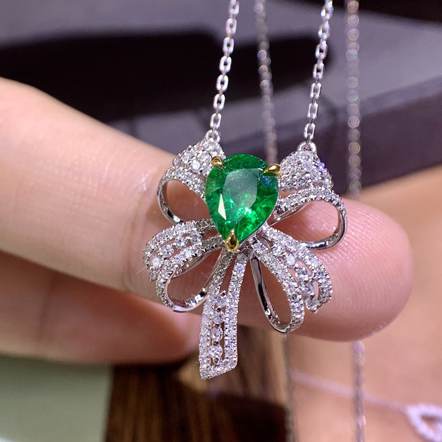 Fashion Bow Knot Copper Pendant Necklace Inlay Artificial Gemstones Copper Necklaces