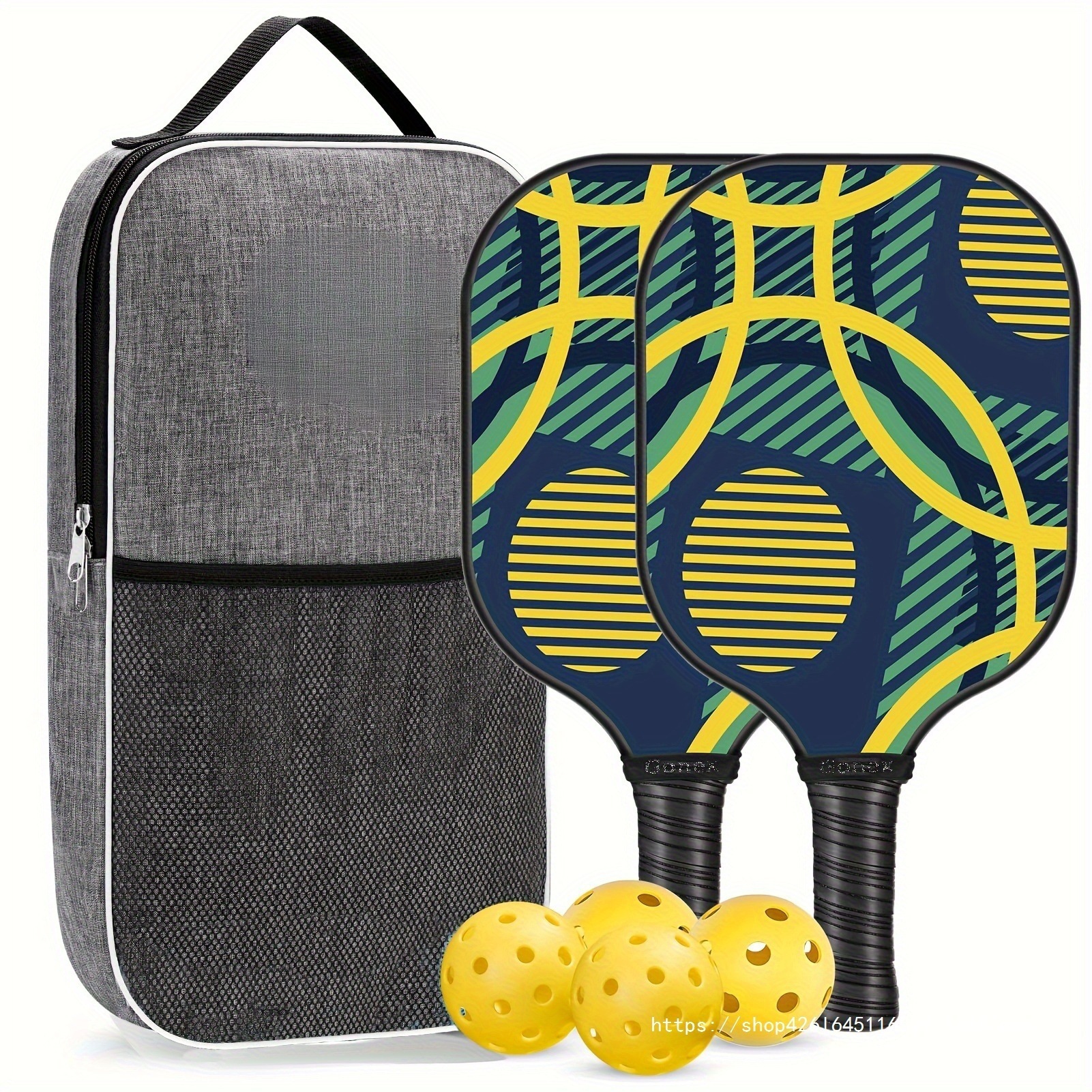 Fiberglass pickleball racket set, includes 2 rackets, 4 balls, and a fiberglass carrying bag