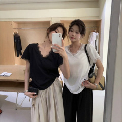 VネックパッチワークレースTシャツレディース夏新作韓国風無地インナーゆったり気質まつげホットガールトップ