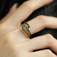 925銀小眾設計復古金色花朵開口戒指女做舊個性高級感輕奢ins指環