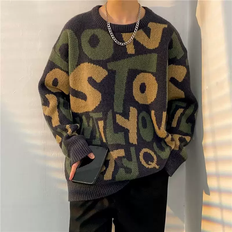 秋冬男士潮流个性字母毛衣男韩系时尚提花百搭美式针织套头毛衣