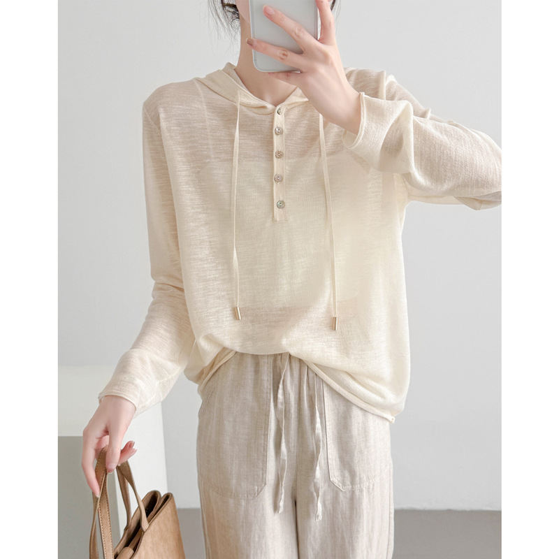 Cream-Colored Hooded Lightweight Linen Knit Top for Women, Summer Loose-Fitting, Slightly Sheer, Ice Silk Sun-Protective Cover-Up Cream-Colored Hooded Lightweight Linen Knit Top for Women, Summer Loose-Fitting, Slightly Sheer, Ice Silk Sun-Protective Cover-Up