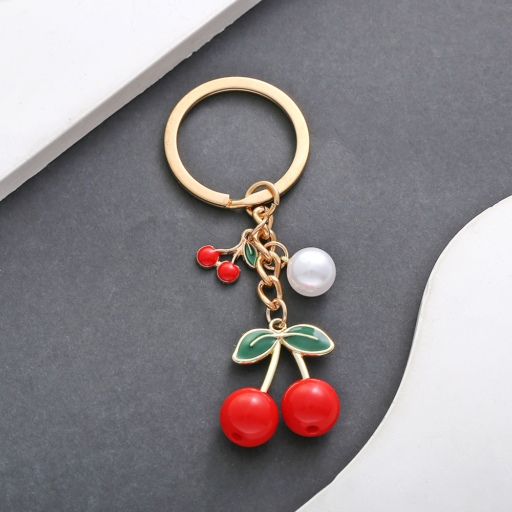 Enamel, Inlay Design Popular Style 1 Drop Oil Solid Color Red Cherry Pearl Keychain Metal Key Chain Decorative Pendant