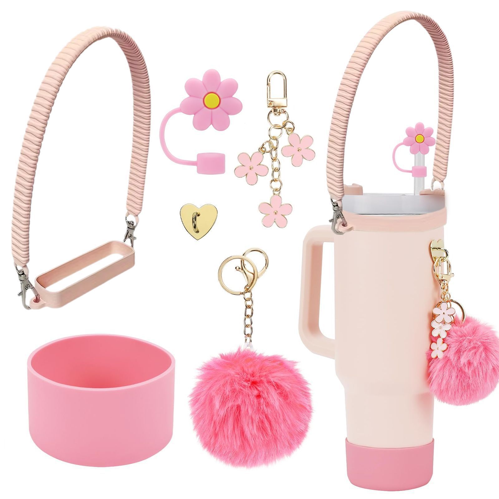 7pcs taza Stanley cuerda de mano colgante de silicona flor tapa de pajita bola de felpa colgante de copa cadena de taza de color