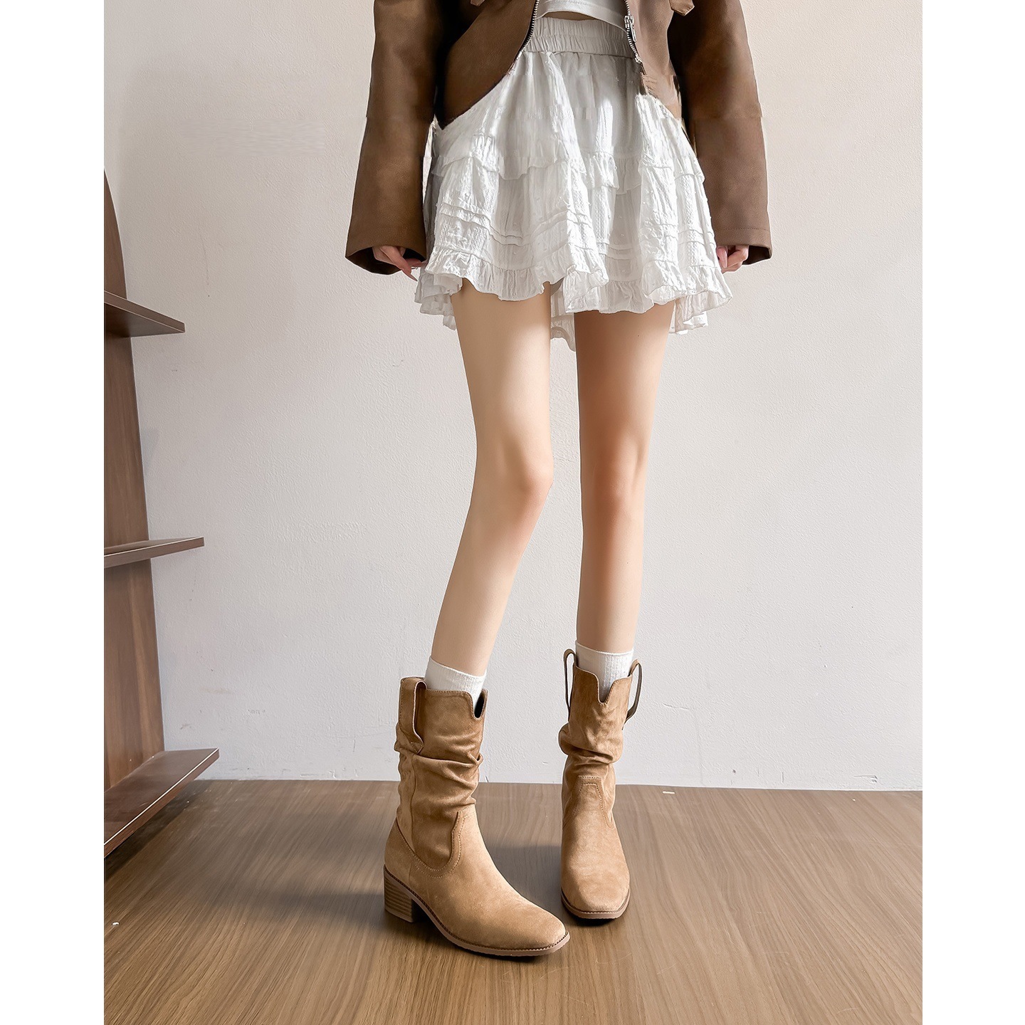 Soft Leather ~ Inner Heightening Pleated Pile Boots Short Boots for Women 2025 New Retro Western Cowboy Boots Mid-Calf Boots