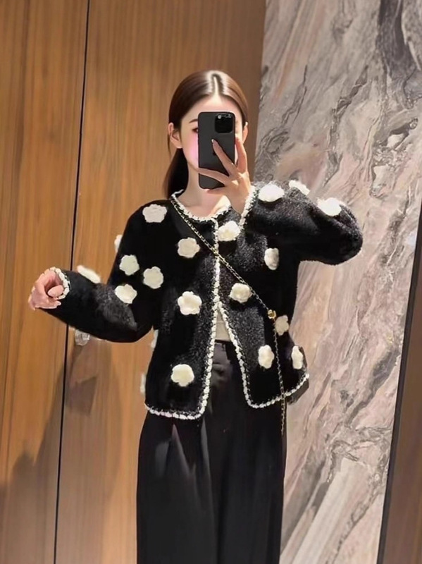 仿貂小香风山茶花针织开衫外套女2025秋季新款高级感短款毛衣上衣|undefined
