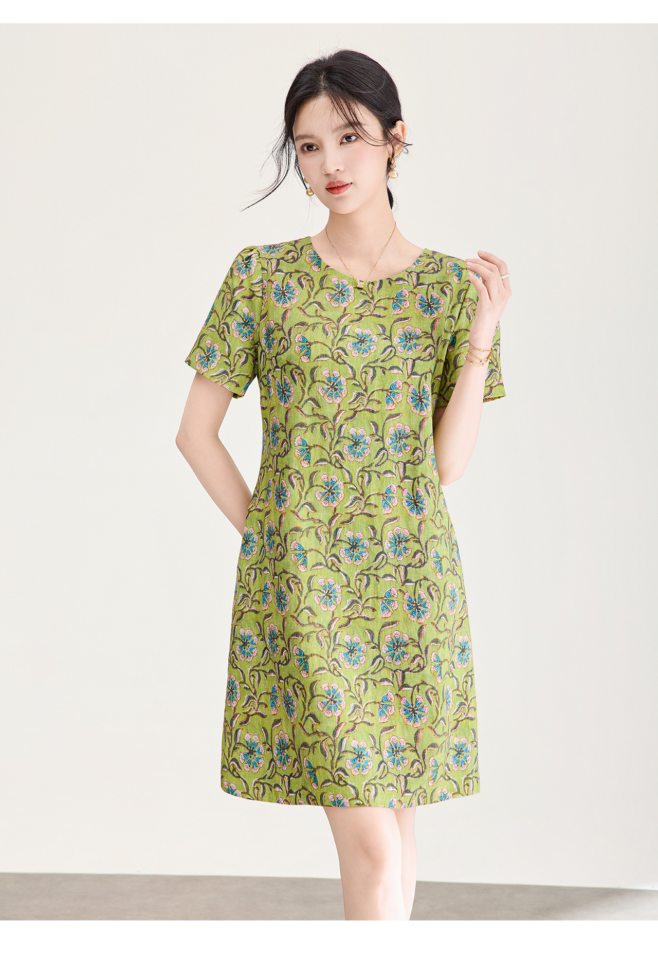 Đầm maxi nữ thắt eo tay ngắn họa tiết vintage chất lụa tơ tằm phối sợi gai — xanh lá cây chi tiết 14
