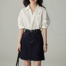 白色v领短袖衬衫女夏季2025新款泡泡袖减龄衬衣职业通勤面试上衣