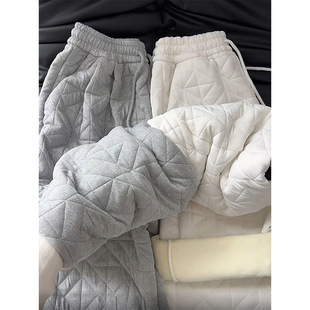 Lingge Cold-proof Warm Casual Pants Women's Autumn and Winter 2024 New Lazy Style fleece-lined Thickened High Waist Wide-leg Cotton Pants