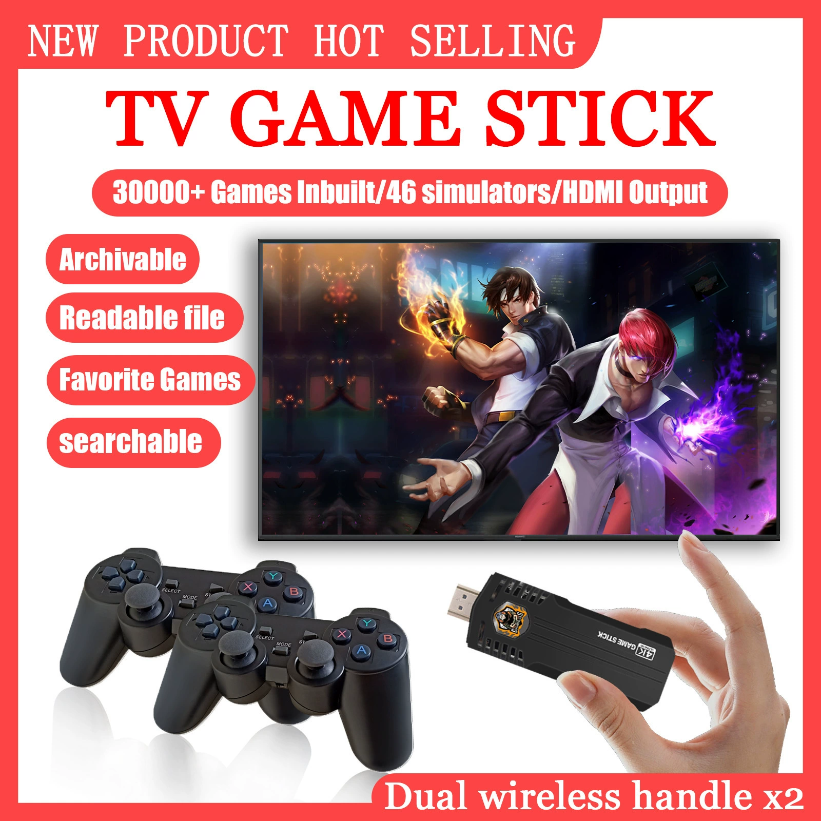 Wireless Retro Game Console Stick, 64GB, 4K HDR & 3D, Dual Wireless Controllers
