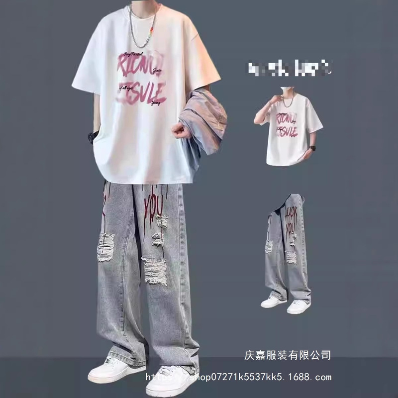 Trendy Brand Short-Sleeved T-Shirt Summer Set for Men, High Street Fashion Men's Outfit, Paired with Cool and Stylish Jeans, Two-Piece Set Trendy Brand Short-Sleeved T-Shirt Summer Set for Men, High Street Fashion Men's Outfit, Paired with Cool and Stylish Jeans, Two-Piece Set