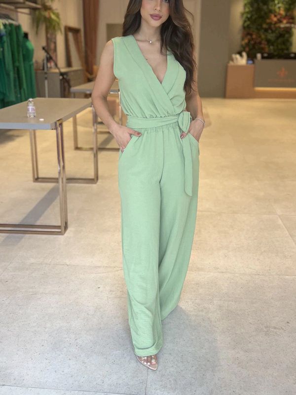 Ropa de mujer europea y americana 2024 primavera nuevo color sólido con cuello en V sin mangas con cordones cintura alta suelta pierna ancha Pantalones de mujer