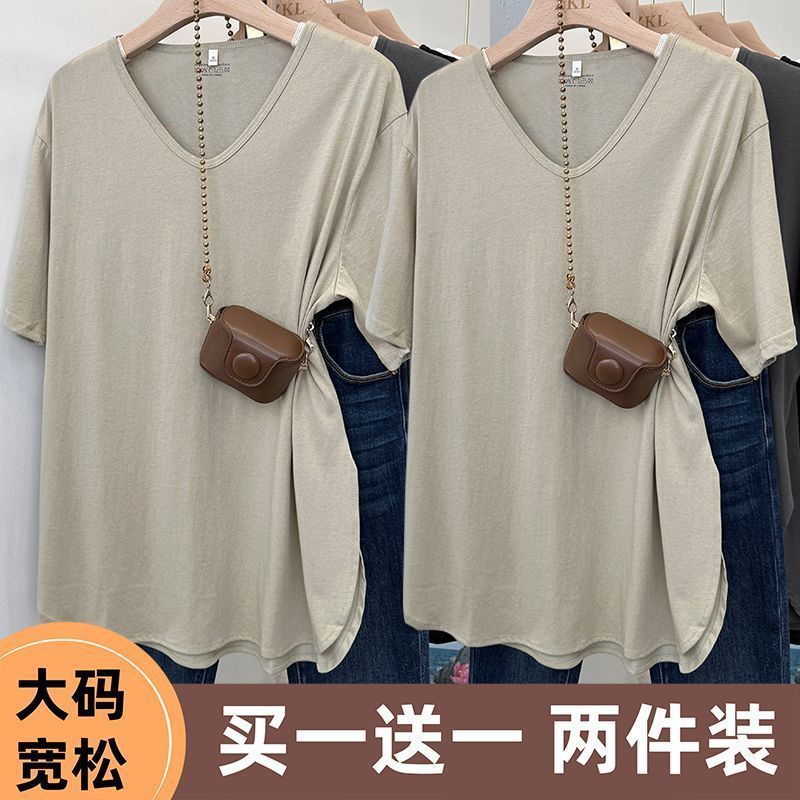 シングル/ツーピース大きいサイズルーズミドル丈Vネック半袖Tシャツ女性用2025夏新作ファットMMカバートップ|undefined