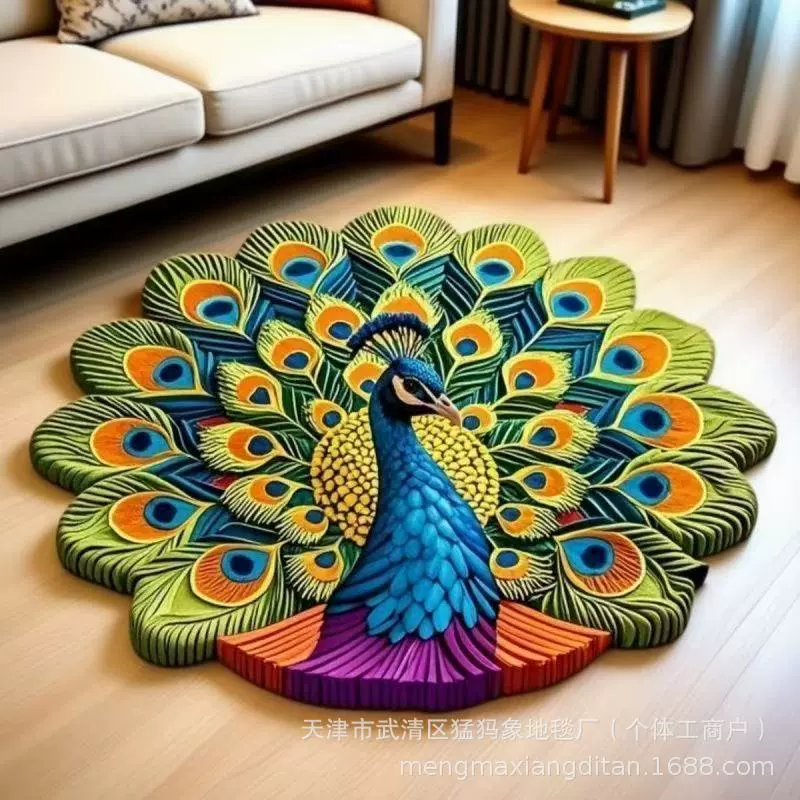 立体视觉孔雀地垫异形水晶绒地毯卧室床边毯衣帽间客厅高级感地垫