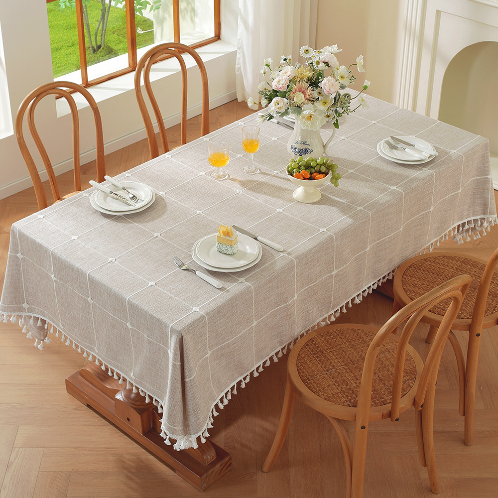 Ins Cotton and Linen Pure Color Square Plaid Dustproof Tablecloth Rectangular Tassel Coffee Table Dining Table Hotel Tablecloth Table Mat Ins Style