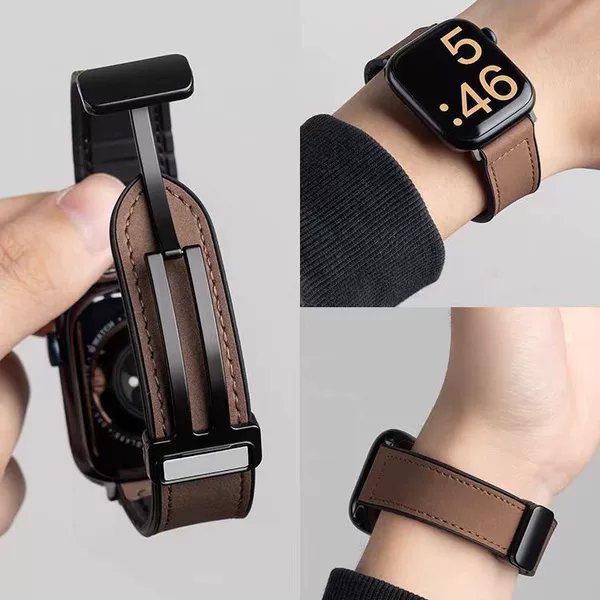 Suitable for Apple Watch Straps with Leather Crazy Horse Pattern Silicone Magnetic Buckle Iwatchs12 Watch Straps