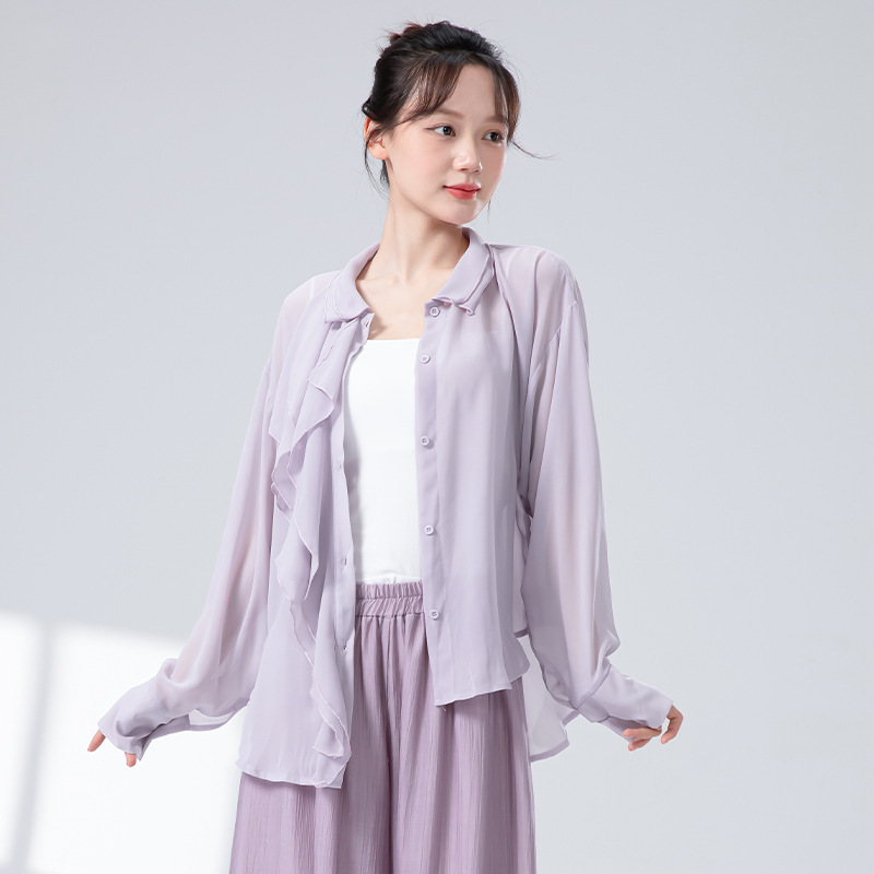 女性用モダンダンス服、新しいパールシフォンラペル長袖シャツ、日焼け止めシャツ、エレガントな練習服|undefined