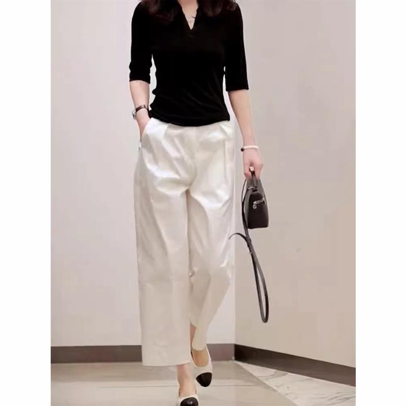 White High-Waisted Casual Suit Pants for Women 2025 New Summer Small Loose Draped Straight Wide-Leg Nine-Point Pants