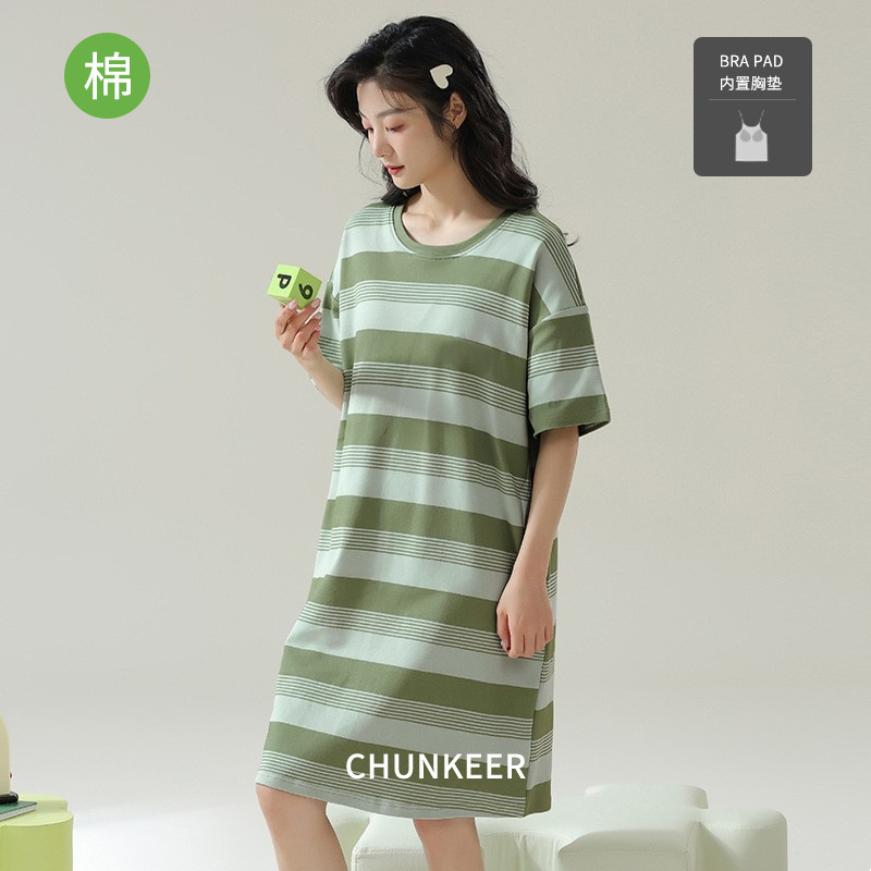 Summer with chest pad dress pajamas women plus size loose cotton home wear bra mid-length nightdress wholesale factory