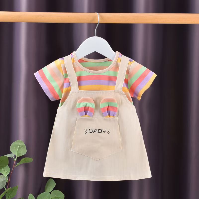 2025 New Girls' Dress with Color Stripes Summer New Style Western Style Thin Summer Short Sleeve Girls' Children's Skirt