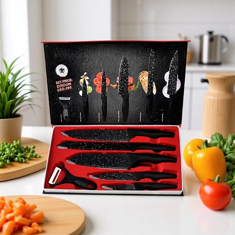 Cross-Border Hot-Selling Stainless Steel Knife Set Maifan Stone Starry Sky Spray Point Knife Six-Piece Set Kitchen Knife Fruit Knife