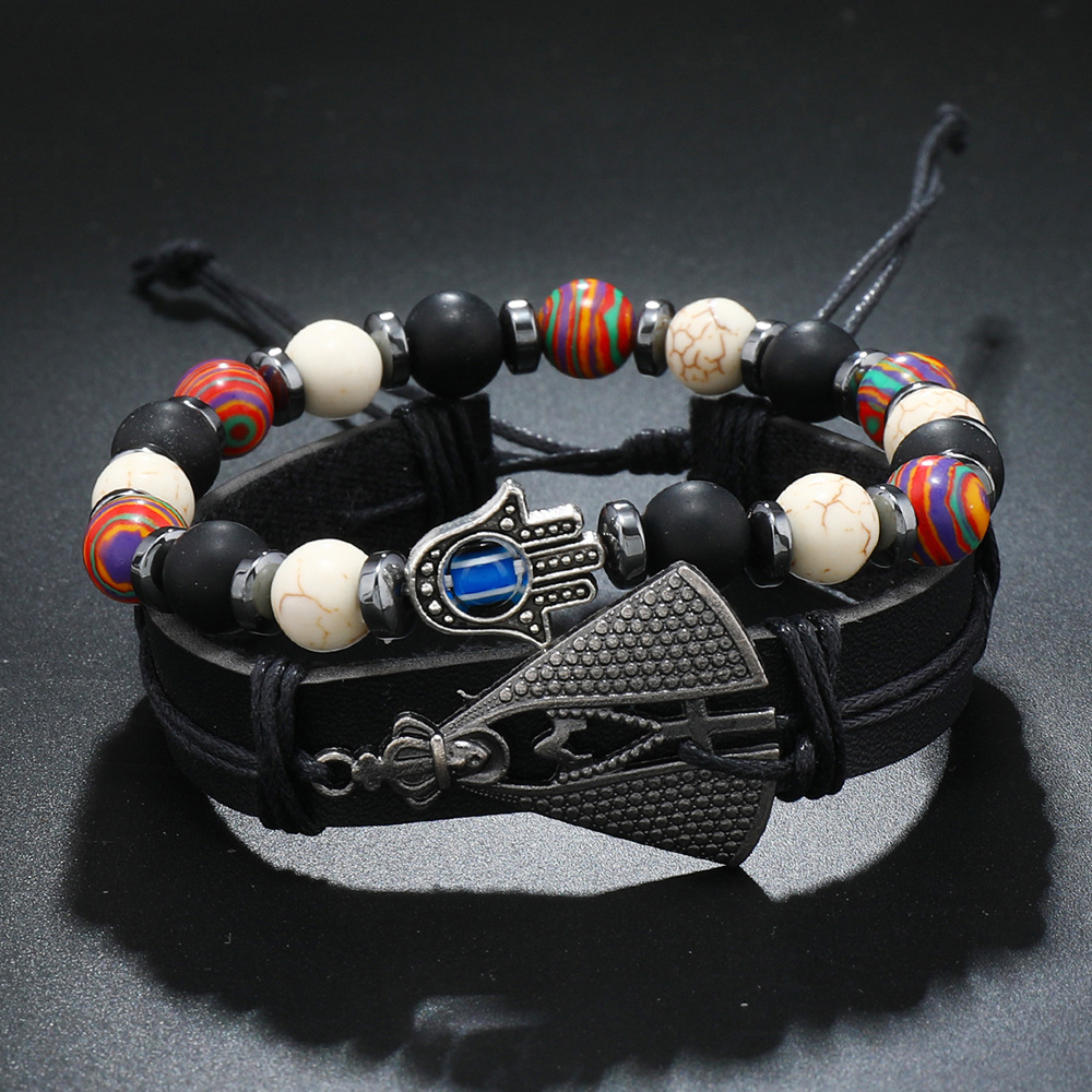 Retro Palm Pu Leather Tiger Eye Obsidian Unisex Bracelets display picture 19