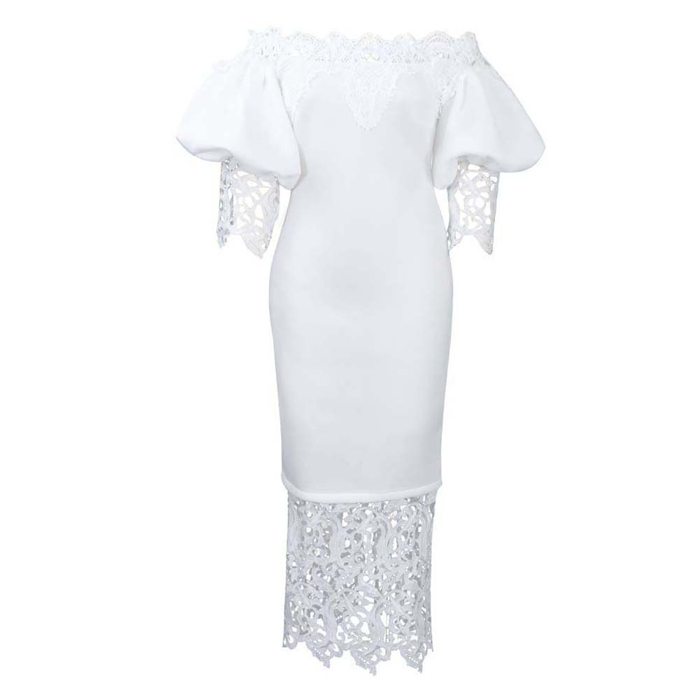 Off Shoulder Lace Trimmed Evening Dress Lantern Sleeves Elegant Design Perfect for Parties Wholesale Available