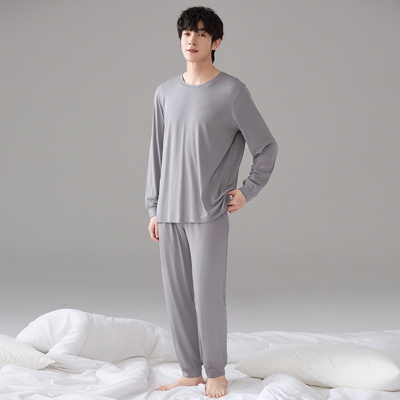 Pijamas modales para hombres primavera y otoño pantalones largos de mangas largas sueltos de tamaño grande verano para hombres simple set de ropa de casa gris