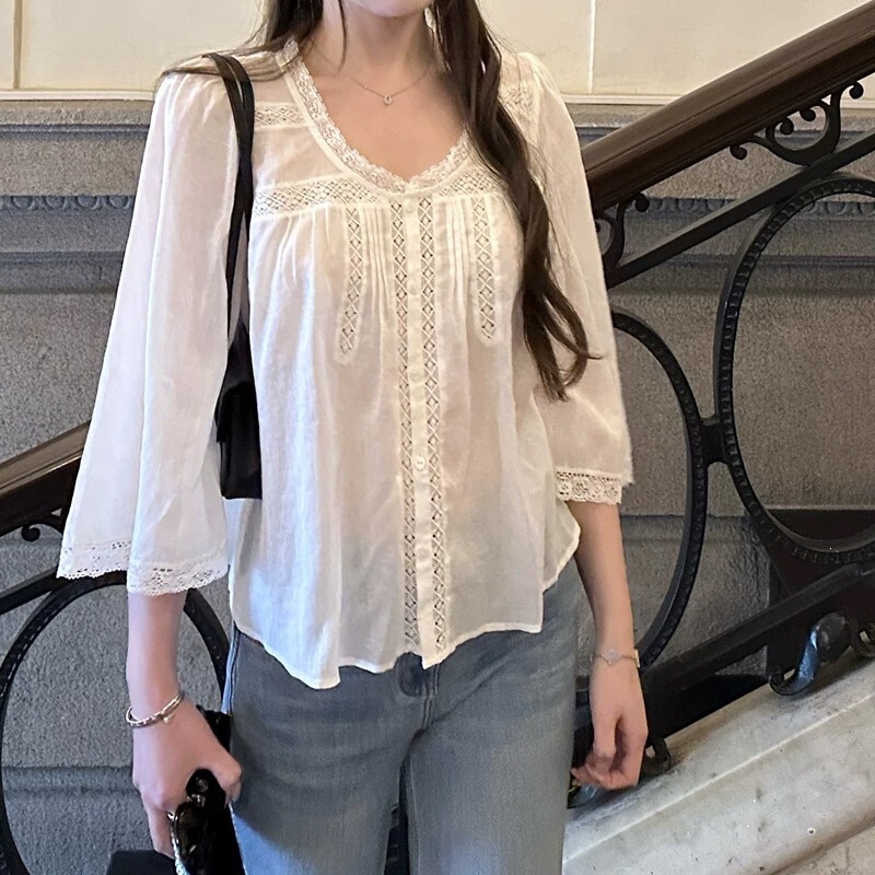 French-Style Gentle and Slimming Lace Water-Sleeve Ramie Loose Shirt 2026 Summer New Versatile Simple Blouse Top French-Style Gentle and Slimming Lace Water-Sleeve Ramie Loose Shirt 2026 Summer New Versatile Simple Blouse Top
