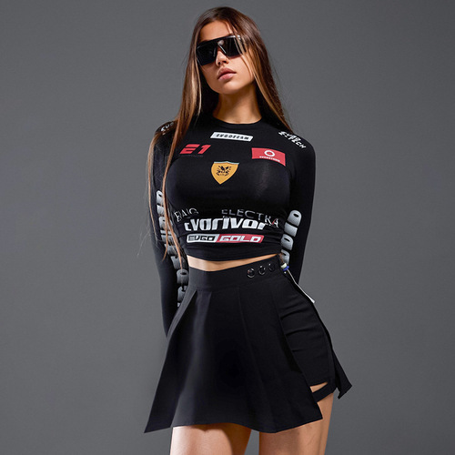 European and American Cross-Border Street Style Cool Biker-Style Letter-Print Top Trendy Crewneck Pullover Tight-Fit Autumn/Winter New Arrival