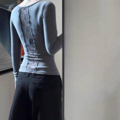 純欲レースの背中は灰色のvネックの底のシャツの女性の秋冬の中にギャルの独特な長袖の上着を掛けます。
