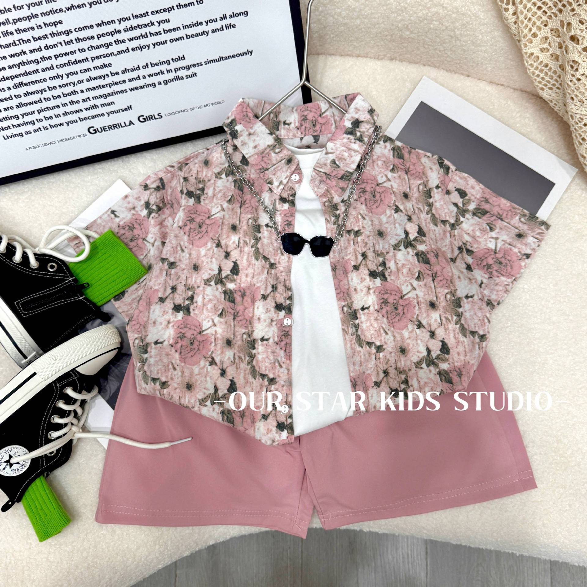 [Monet's Garden] Boys' Summer Short-Sleeved Shirt Suit, New Kidsren's Summer Casual Kidsren's Clothing for Middle and Large Kidsren