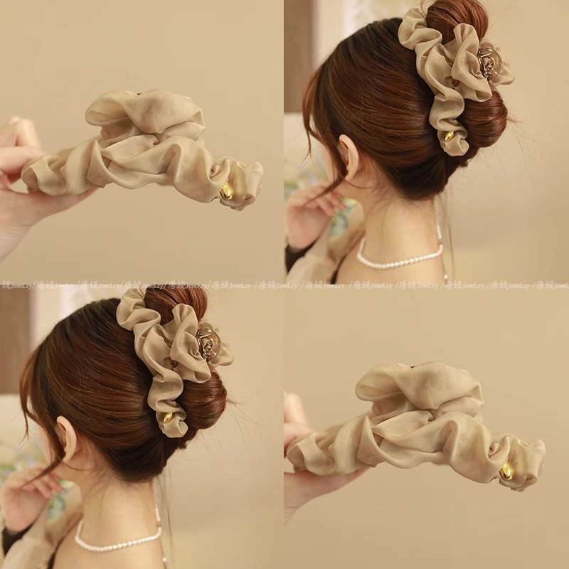 簡約初春網紗泡泡抓夾髮夾女2025新款後腦勺大號鯊魚夾高級感頭飾