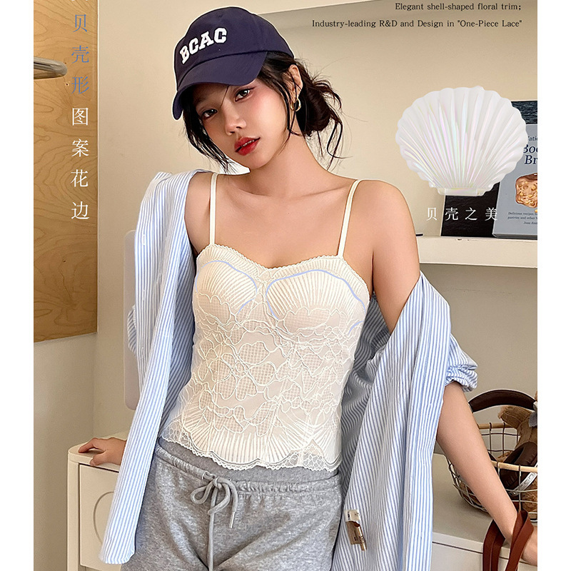Ourlik Shell Star Pure Desire Lace Camisole with Fixed Cup, Ice Silk Seamless Inner Top with Adjustable Straps
