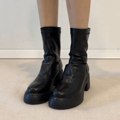 牛皮版~极简复古厚底增高弹力瘦瘦靴女软皮舒适后拉链粗跟小短靴