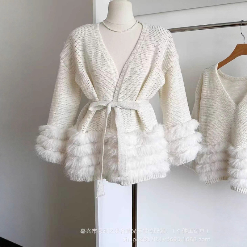 2025 Autumn and Winter New Loose Fox Fur Mid-Length Knitted Cardigan Waist Slimming Tweed Sweater Women's Clothing 2025 Autumn and Winter New Loose Fox Fur Mid-Length Knitted Cardigan Waist Slimming Tweed Sweater Women's Clothing