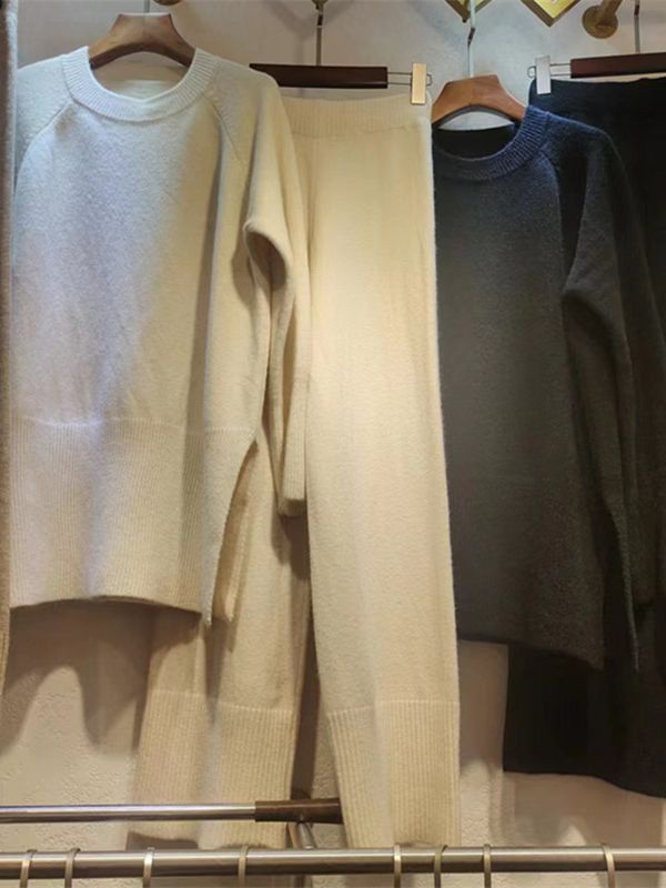 Alto sentido otoño e invierno nuevo suelto split suéter casual pantalones de dos piezas conjunto de luz madura temperamento traje de las señoras