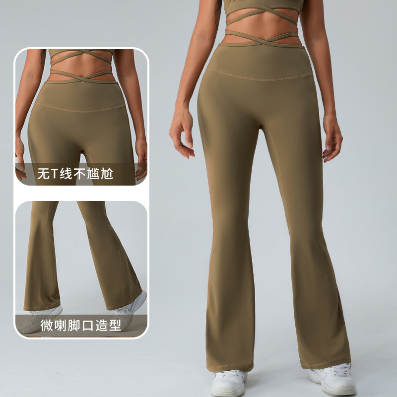 Cintura transfronteriza Correa delgada pantalones cruzados de yoga pantalones de pierna ancha de cintura alta desnuda de mujer corriendo deportes fitness ropa de yoga
