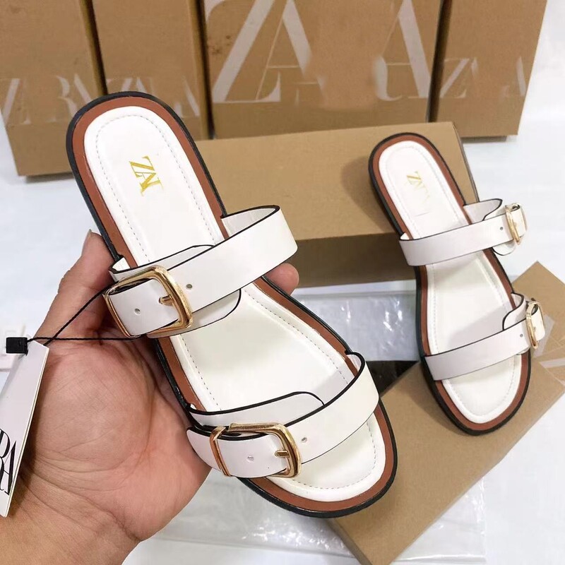 Za's New Export Model European and American Style Large Size Buckle Slippers, Solid Color, Simple and Versatile Outdoor Women's Shoes Slippers