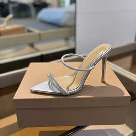 一字带水钻高跟拖鞋女夏季外穿裸色细带漆皮时尚百搭尖头凉拖鞋