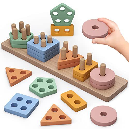 Wooden geometric shape classification set column children's preschool education color recognition cognitive stacking early education toys