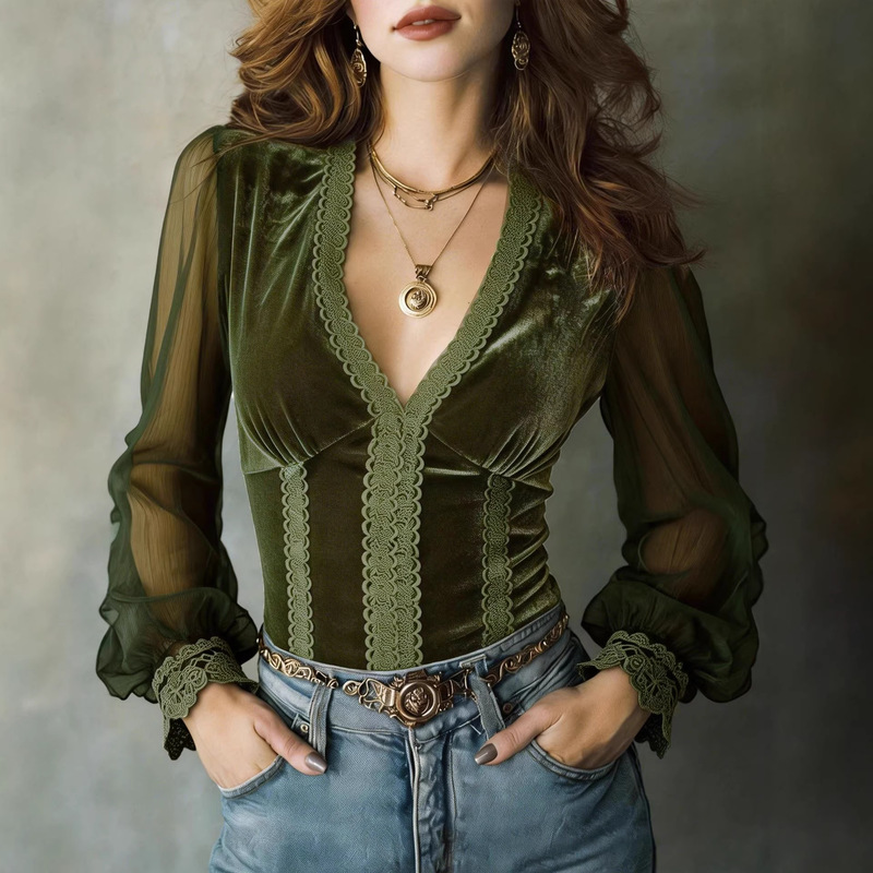 Cross-Border European and American Amazon Velvet Lace Patchwork High-End Fashionable Unique Super Stylish French-Style Top
