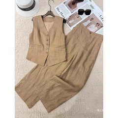 夏の女性のためのファッショナブルなリネンスーツ、新しいスタイルの綿とリネンのスーツ、ベスト、トップス、ワイドレッグパンツ、ツーピースソリッドカラー