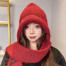 兔毛围巾帽子二件套女冬防风防寒针织帽保暖护耳百搭显脸小毛线帽