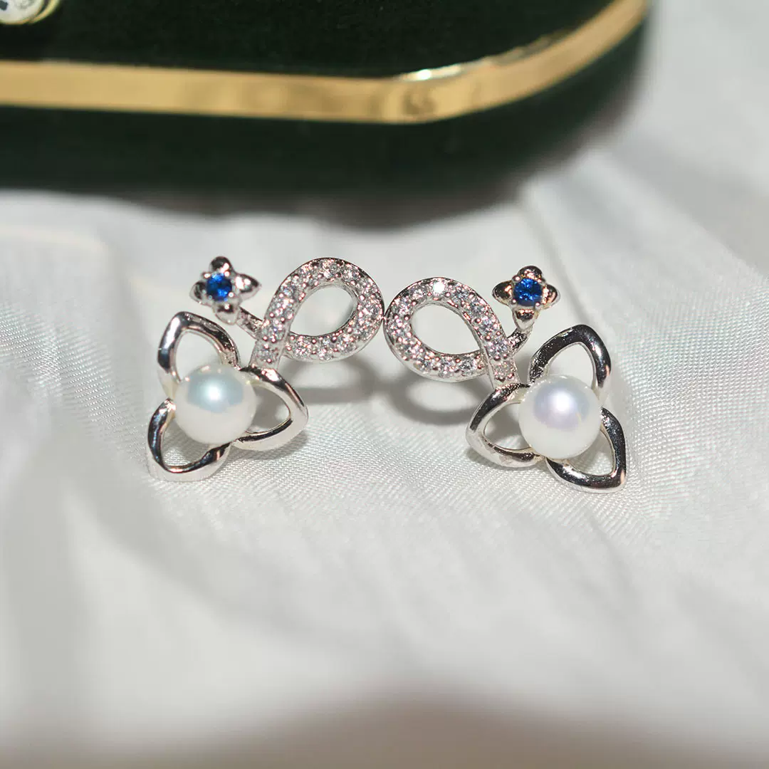 三朵花瓣天然淡水珍珠耳钉项链套装女S925纯银高级感轻奢百搭饰品