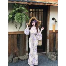 跨境外贸批发两件套法式复古内搭V领印花鱼尾绝美网纱花朵吊带连